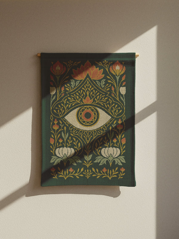 A 26x36 inch woven wall tapestry featuring a large, stylized all-seeing eye with a geometric, cathedral-like pupil. The eye is set on a moody dark green background, surrounded by a symmetrical, antique-style floral and foliage pattern in gold, cream, and red-orange. This vertical textile art evokes a dark academia, gothic, and mystical aesthetic. From a black owned shop.